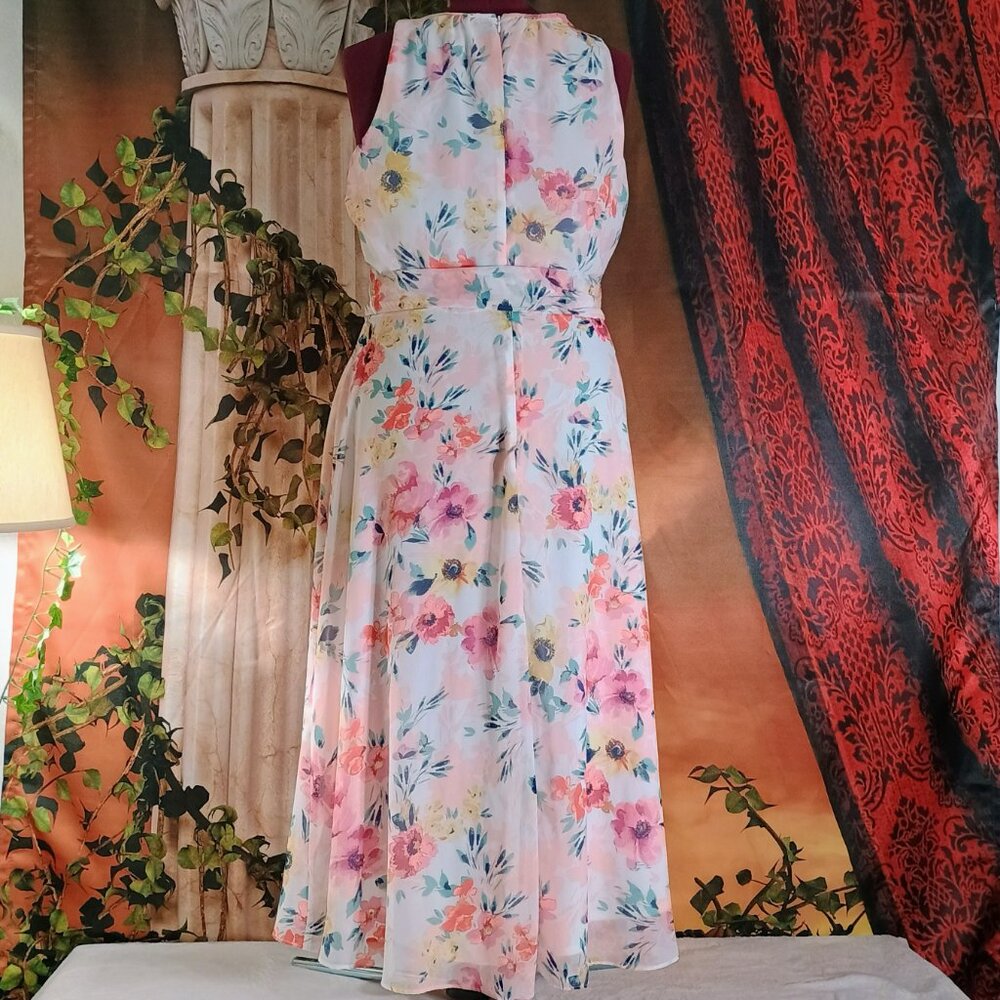 EUC: Nicole Miller Sze12 Pink & White Floral Chiffon Halter Midi Dress - Picture 2 of 6